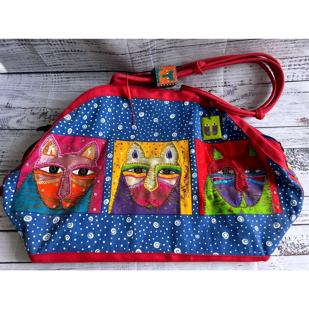 VTG Laurel Burch Cat Canvas Tote Bag Colorful Boho Sequin‎ Beaded Large Handbag